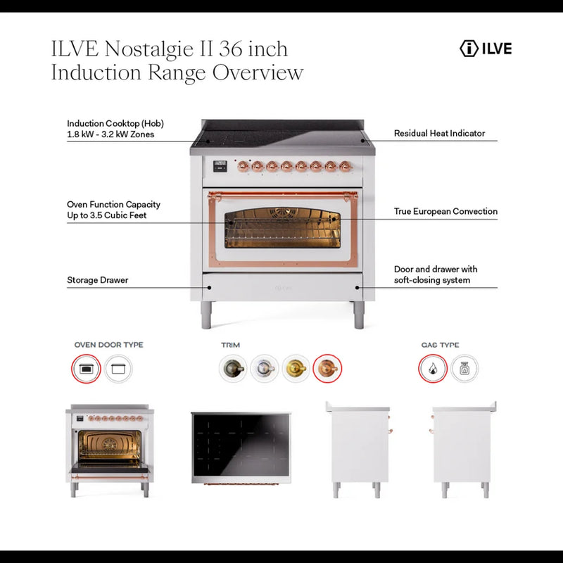 ILVE Nostalgie II 36" Induction Freestanding Range in Blue Grey with Copper Trim, UPI366NMPBGP