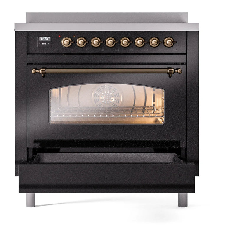 ILVE Nostalgie II 36" Induction Freestanding Range in Glossy Black with Burnished Trim, UPI366NMPBKB