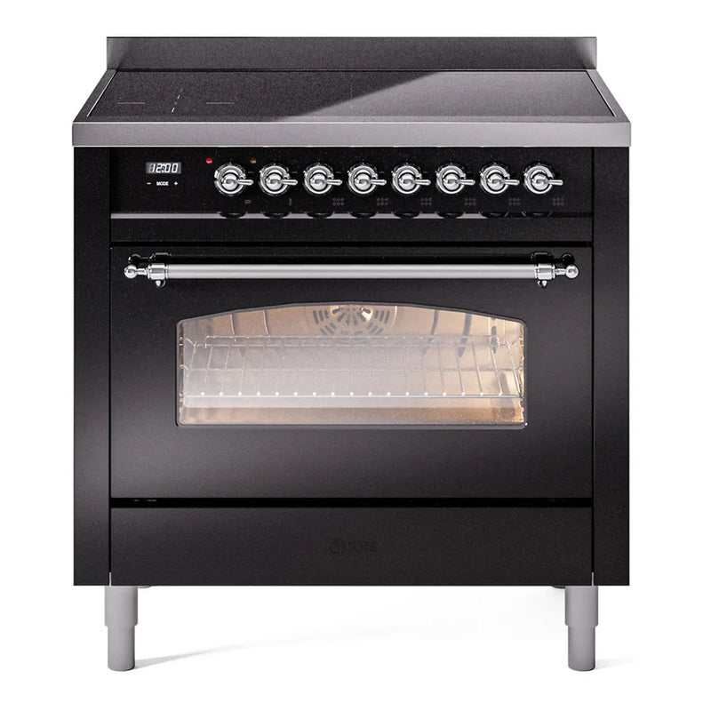 ILVE Nostalgie II 36" Induction Freestanding Range in Glossy Black with Chrome Trim, UPI366NMPBKC