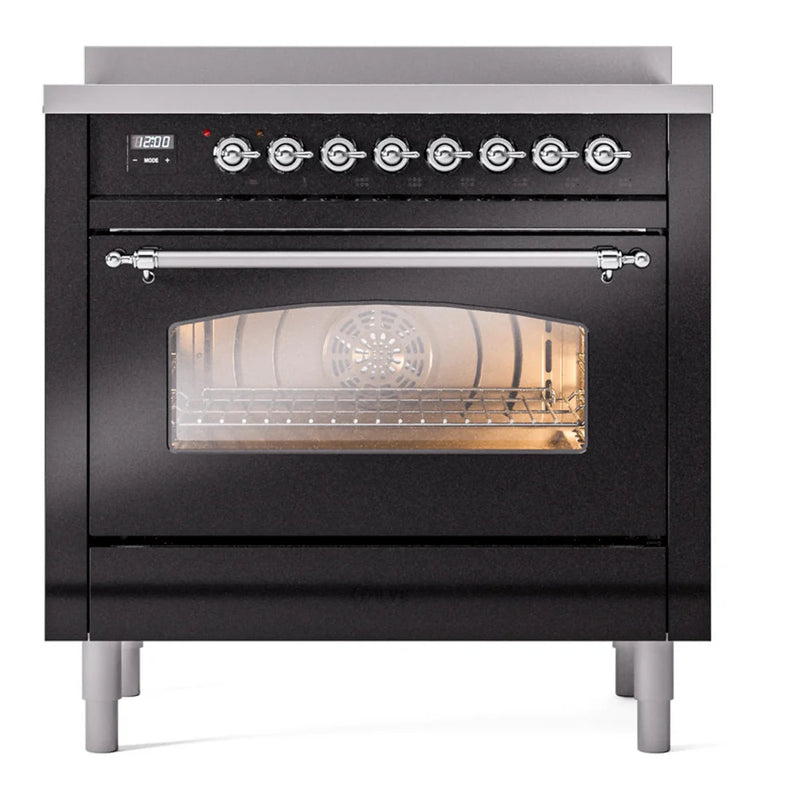 ILVE Nostalgie II 36" Induction Freestanding Range in Glossy Black with Chrome Trim, UPI366NMPBKC