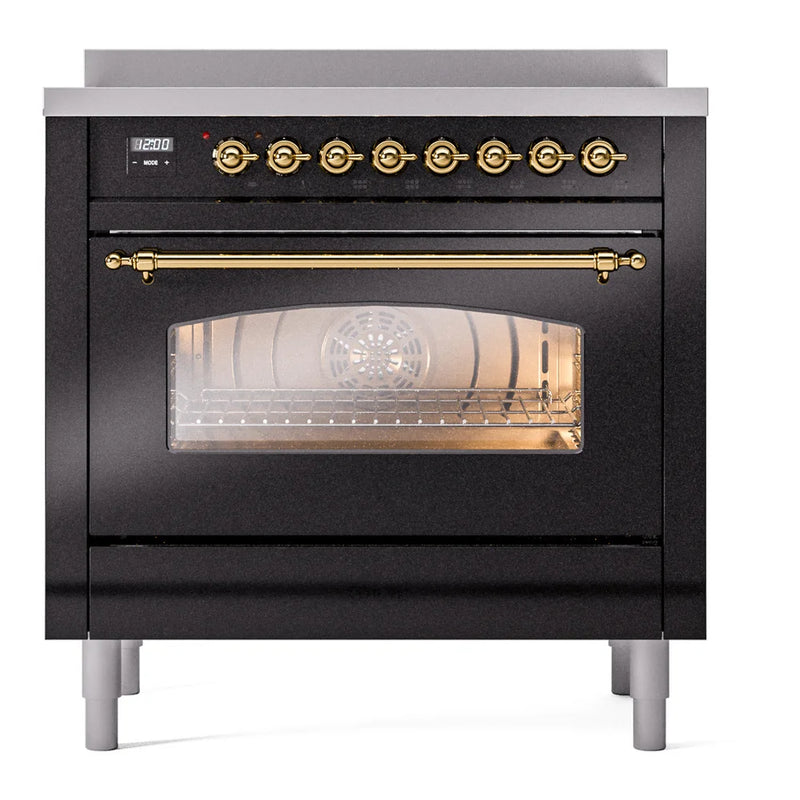 ILVE Nostalgie II 36" Induction Freestanding Range in Glossy Black with Brass Trim, UPI366NMPBKG