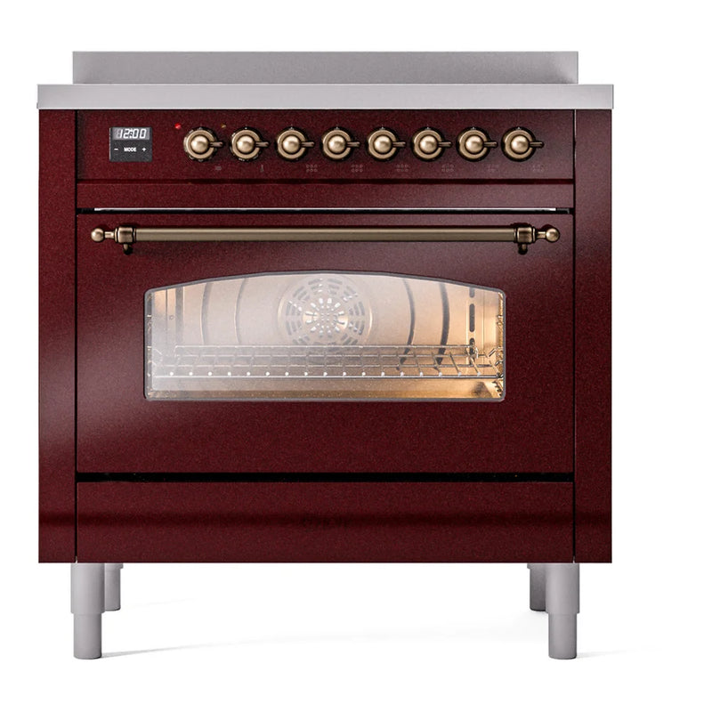 ILVE Nostalgie II 36" Induction Freestanding Range in Burgundy with Burnished Trim, UPI366NMPBUB