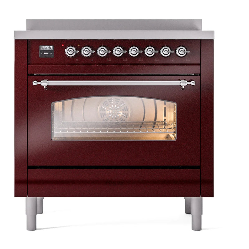 ILVE Nostalgie II 36" Induction Freestanding Range in Burgundy with Chrome Trim, UPI366NMPBUC