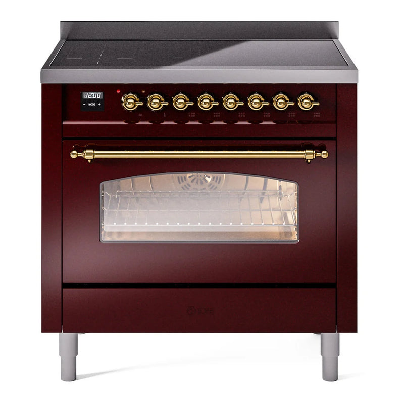 ILVE Nostalgie II 36" Induction Freestanding Range in Burgundy with Brass Trim, UPI366NMPBUG