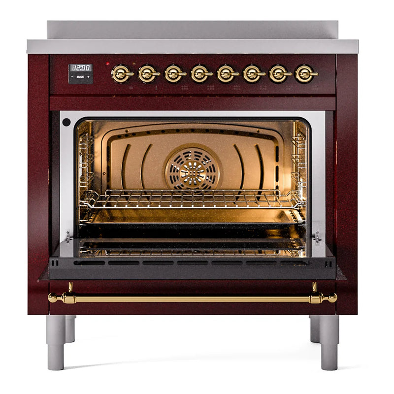 ILVE Nostalgie II 36" Induction Freestanding Range in Burgundy with Brass Trim, UPI366NMPBUG