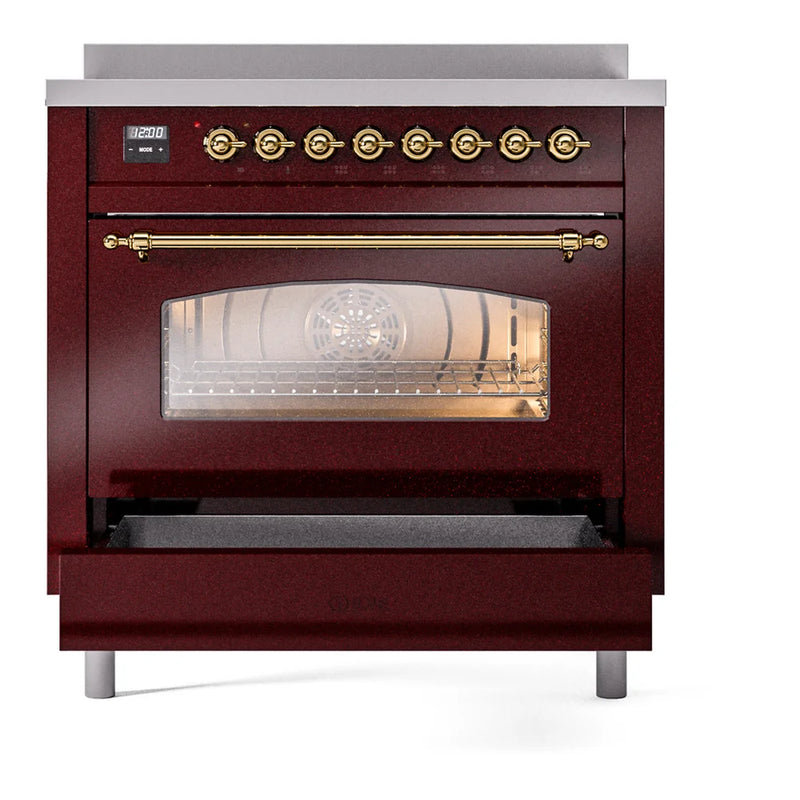 ILVE Nostalgie II 36" Induction Freestanding Range in Burgundy with Brass Trim, UPI366NMPBUG