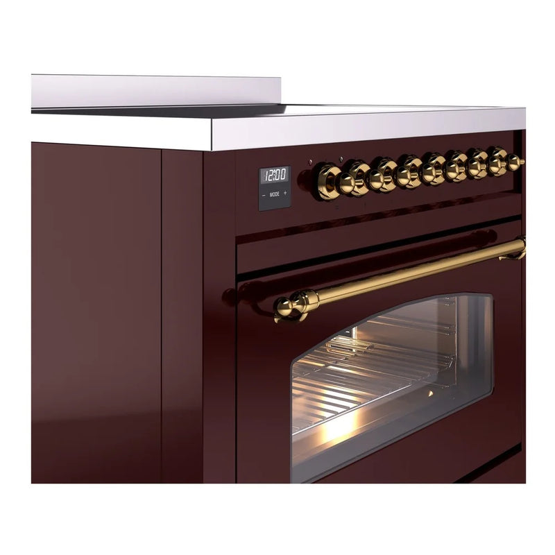 ILVE Nostalgie II 36" Induction Freestanding Range in Burgundy with Brass Trim, UPI366NMPBUG