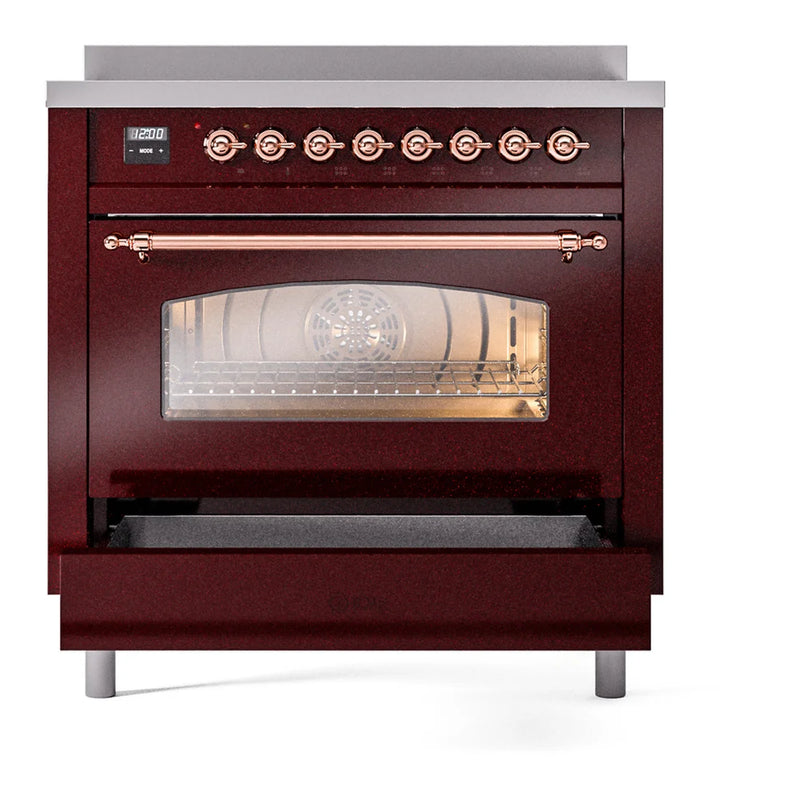 ILVE Nostalgie II 36" Induction Freestanding Range in Burgundy with Copper Trim, UPI366NMPBUP