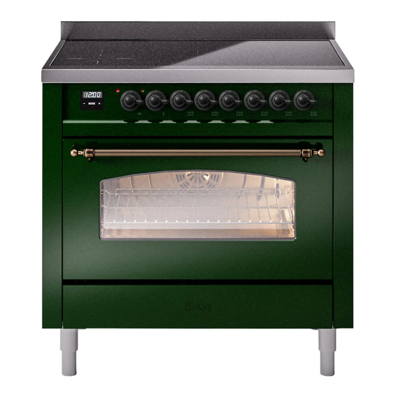 ILVE Nostalgie II 36" Induction Freestanding Range in Emerald Green with Burnished Trim, UPI366NMPEGB