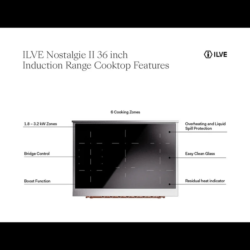 ILVE Nostalgie II 36" Induction Freestanding Range in Emerald Green with Burnished Trim, UPI366NMPEGB