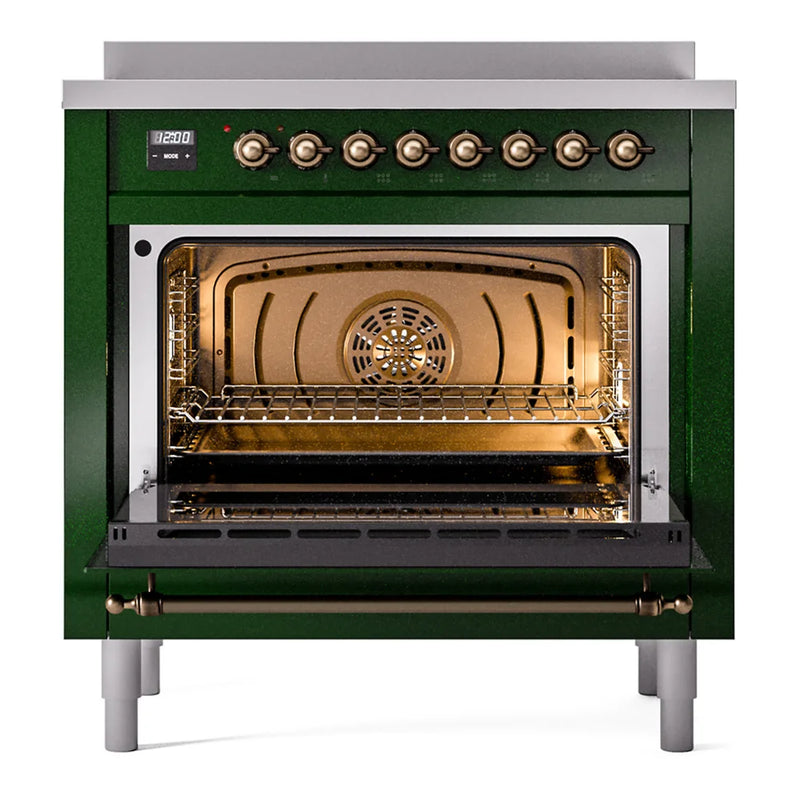 ILVE Nostalgie II 36" Induction Freestanding Range in Emerald Green with Burnished Trim, UPI366NMPEGB