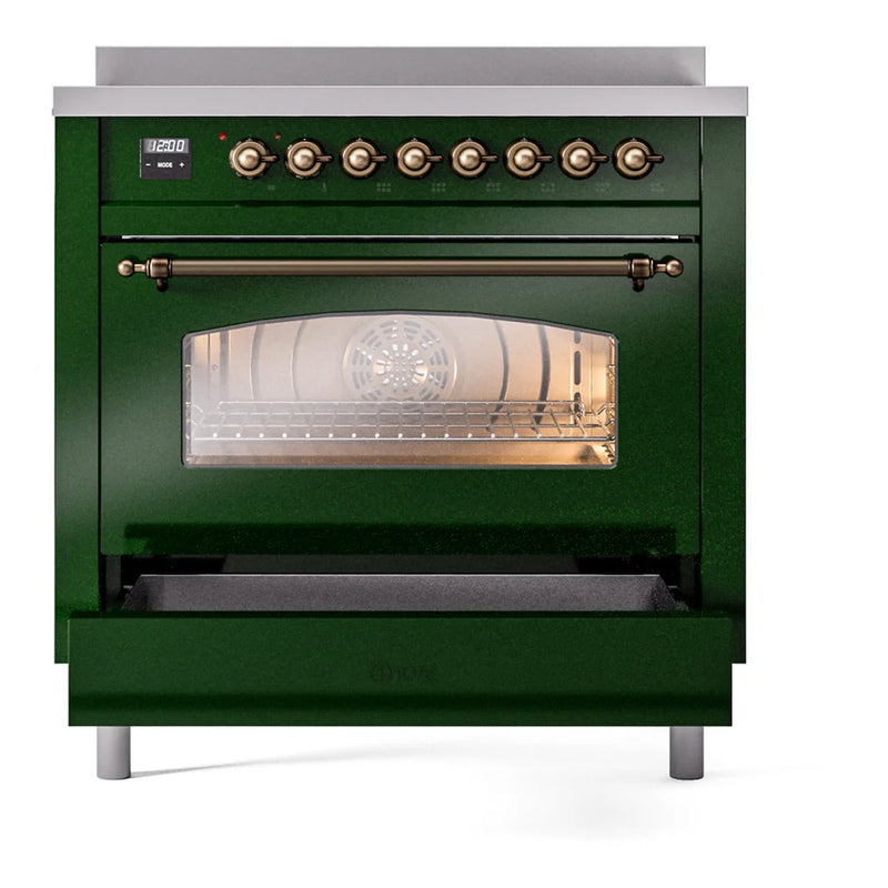 ILVE Nostalgie II 36" Induction Freestanding Range in Emerald Green with Burnished Trim, UPI366NMPEGB