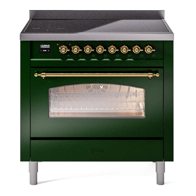 ILVE Nostalgie II 36" Induction Freestanding Range in Emerald Green with Brass Trim, UPI366NMPEGG