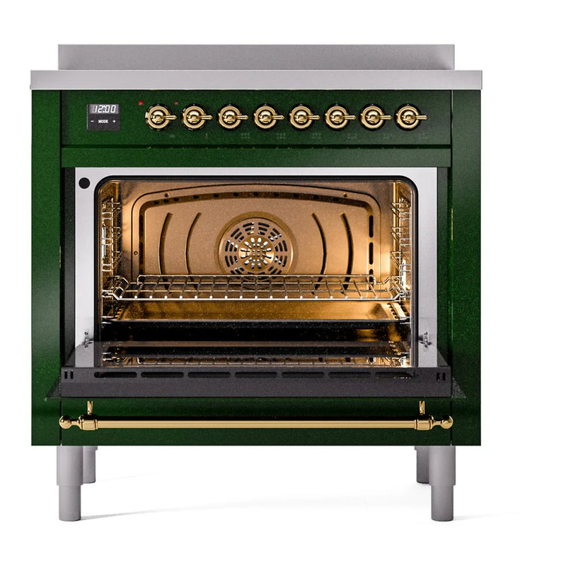 ILVE Nostalgie II 36" Induction Freestanding Range in Emerald Green with Brass Trim, UPI366NMPEGG