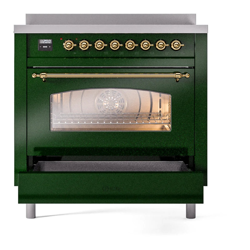 ILVE Nostalgie II 36" Induction Freestanding Range in Emerald Green with Brass Trim, UPI366NMPEGG