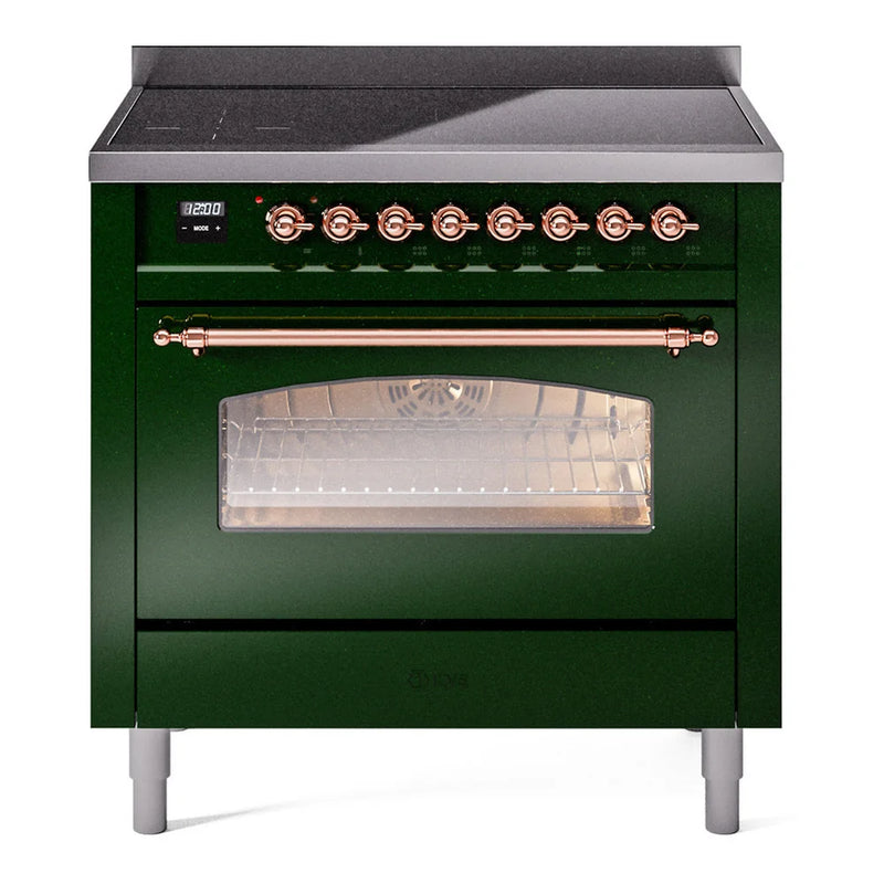 ILVE Nostalgie II 36" Induction Freestanding Range in Emerald Green with Copper Trim, UPI366NMPEGP