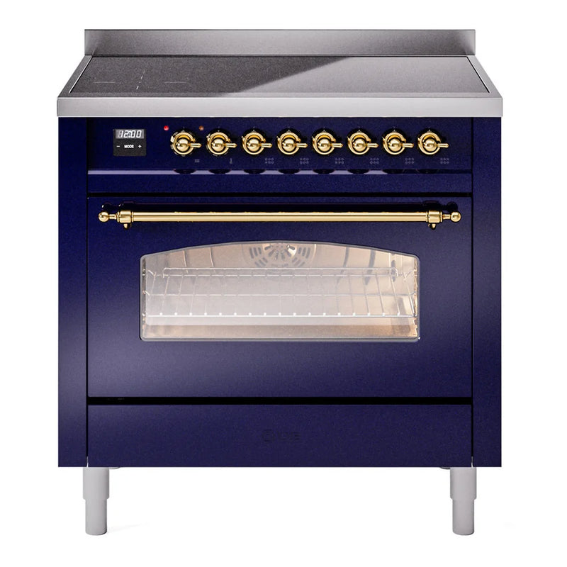 ILVE Nostalgie II 36" Induction Freestanding Range in Midnight Blue with Brass Trim, UPI366NMPMBG