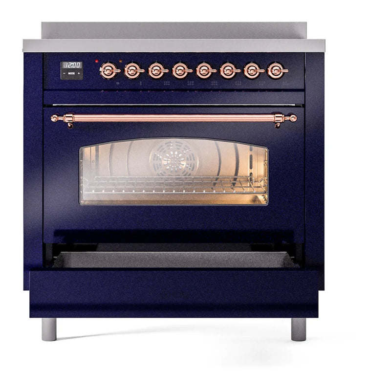 ILVE Nostalgie II 36" Induction Freestanding Range in Midnight Blue with Copper Trim, UPI366NMPMBP