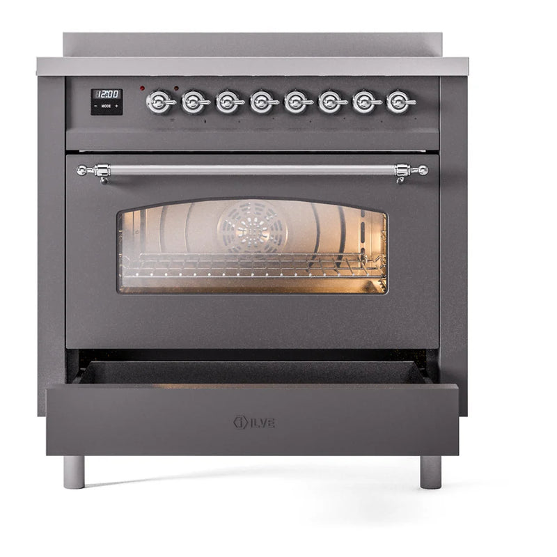 ILVE Nostalgie II 36" Induction Freestanding Range in Graphite Matte with Chrome Trim, UPI366NMPMGC