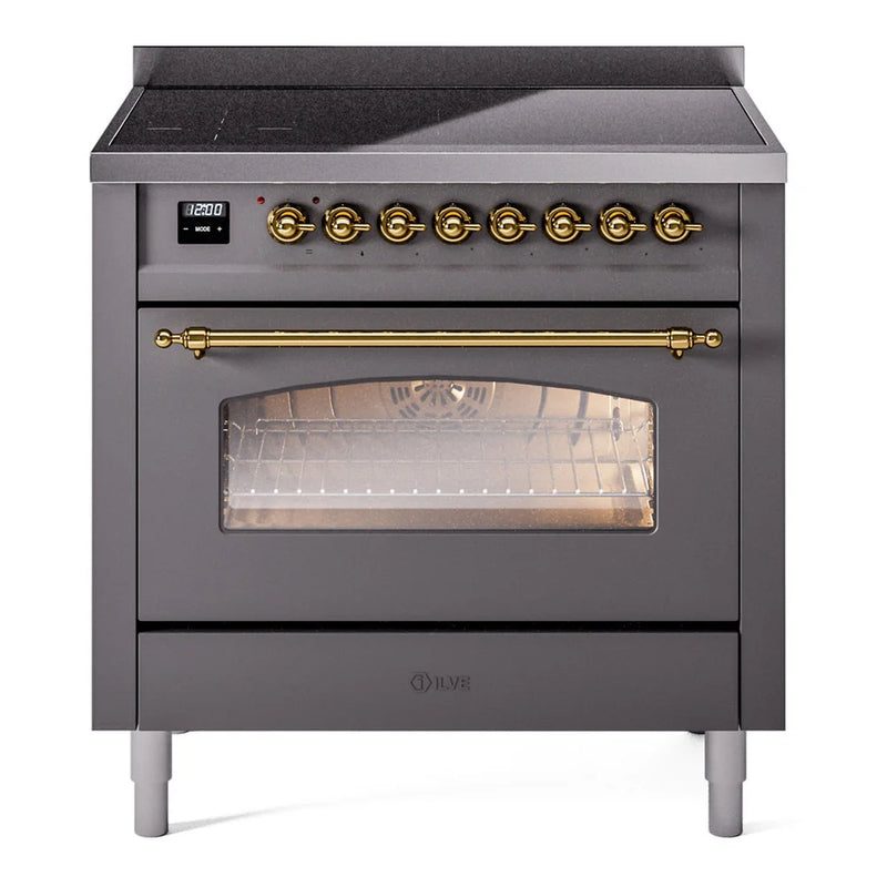 ILVE Nostalgie II 36" Induction Freestanding Range in Graphite Matte with Brass Trim, UPI366NMPMGG