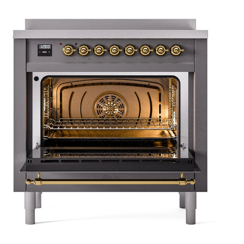 ILVE Nostalgie II 36" Induction Freestanding Range in Graphite Matte with Brass Trim, UPI366NMPMGG