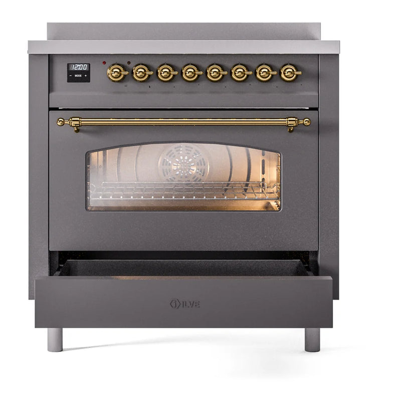 ILVE Nostalgie II 36" Induction Freestanding Range in Graphite Matte with Brass Trim, UPI366NMPMGG