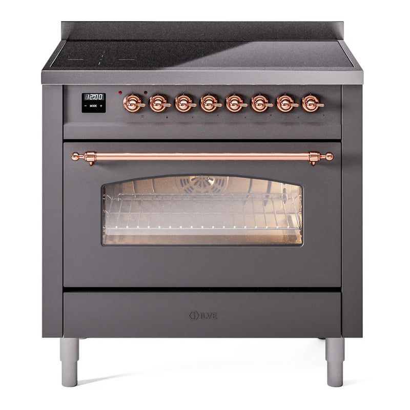 ILVE Nostalgie II 36" Induction Freestanding Range in Graphite Matte with Copper Trim, UPI366NMPMGP