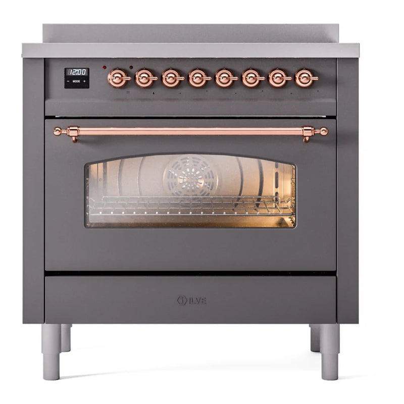 ILVE Nostalgie II 36" Induction Freestanding Range in Graphite Matte with Copper Trim, UPI366NMPMGP
