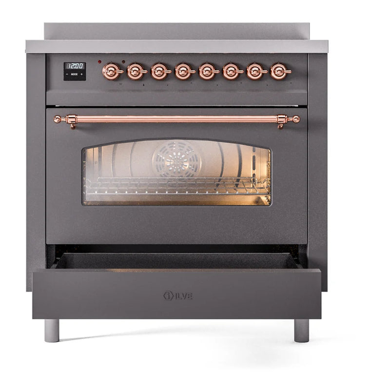 ILVE Nostalgie II 36" Induction Freestanding Range in Graphite Matte with Copper Trim, UPI366NMPMGP