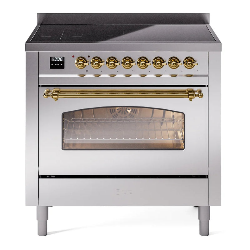 ILVE Nostalgie II 36" Induction Freestanding Range in Stainless Steel with Brass Trim, UPI366NMPSSG