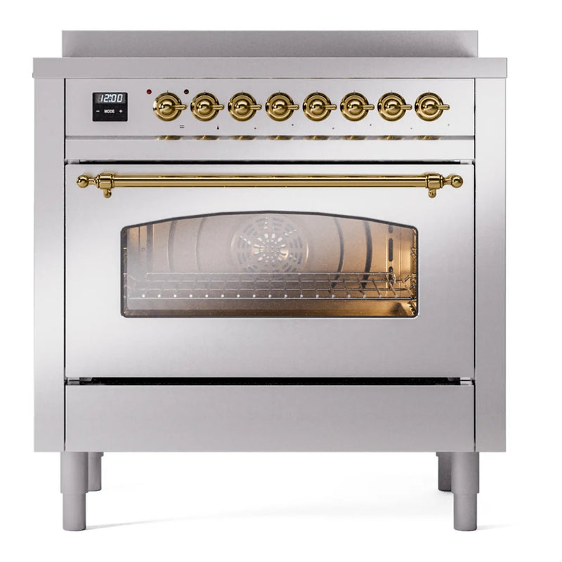 ILVE Nostalgie II 36" Induction Freestanding Range in Stainless Steel with Brass Trim, UPI366NMPSSG