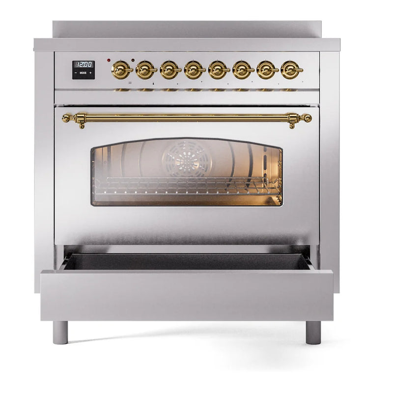 ILVE Nostalgie II 36" Induction Freestanding Range in Stainless Steel with Brass Trim, UPI366NMPSSG