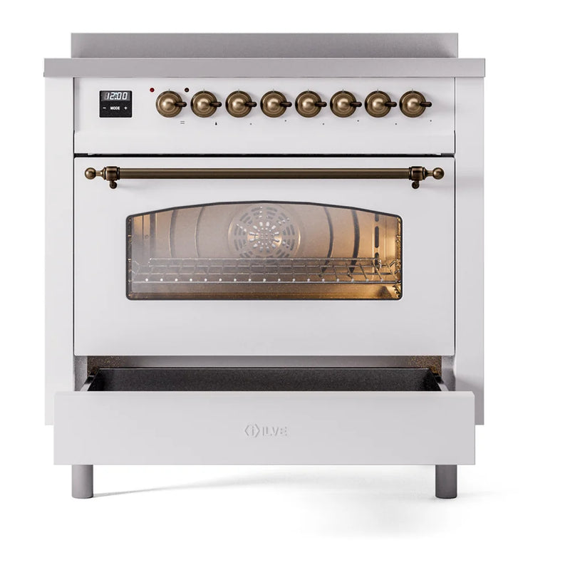 ILVE Nostalgie II 36" Induction Freestanding Range in White with Burnished Trim, UPI366NMPWHB