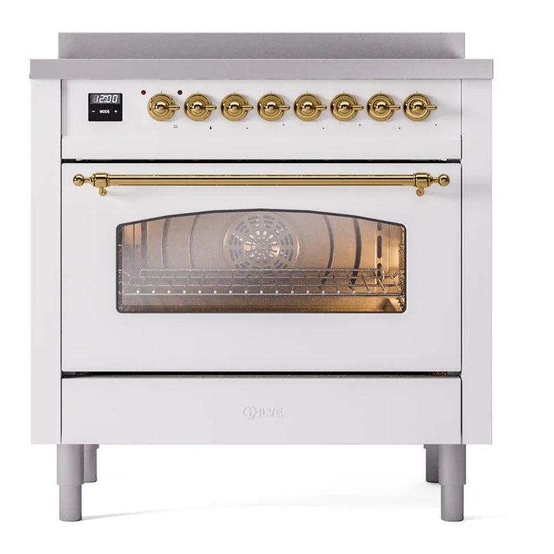ILVE Nostalgie II 36" Induction Freestanding Range in White with Brass Trim, UPI366NMPWHG