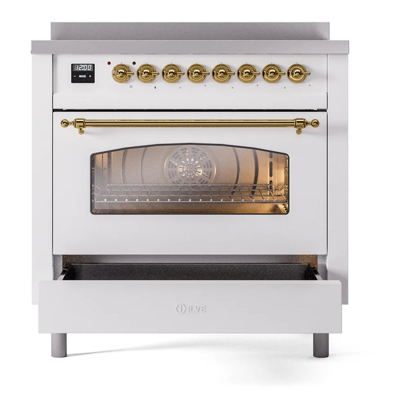 ILVE Nostalgie II 36" Induction Freestanding Range in White with Brass Trim, UPI366NMPWHG