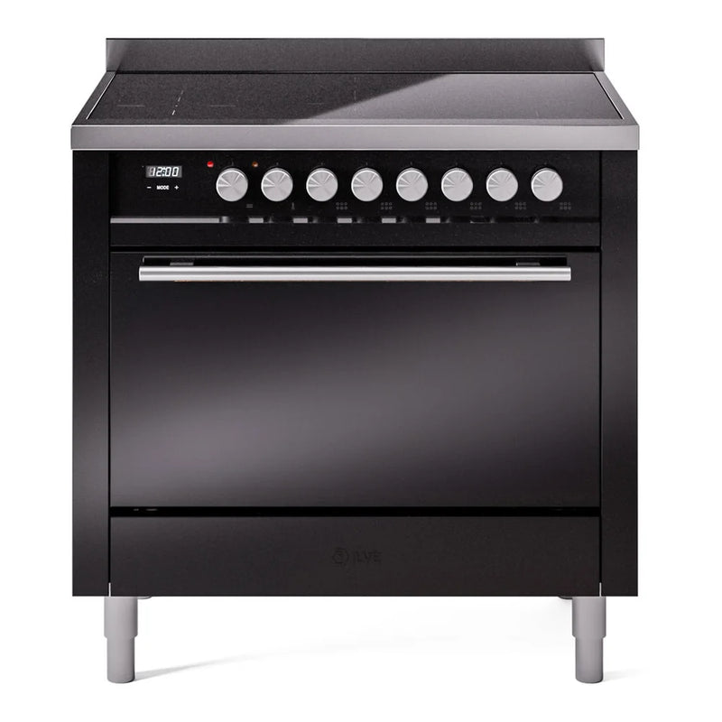 ILVE Professional Plus II 36" Induction Freestanding Range in Glossy Black with Stainless Steel Trim, UPI366QMPBK