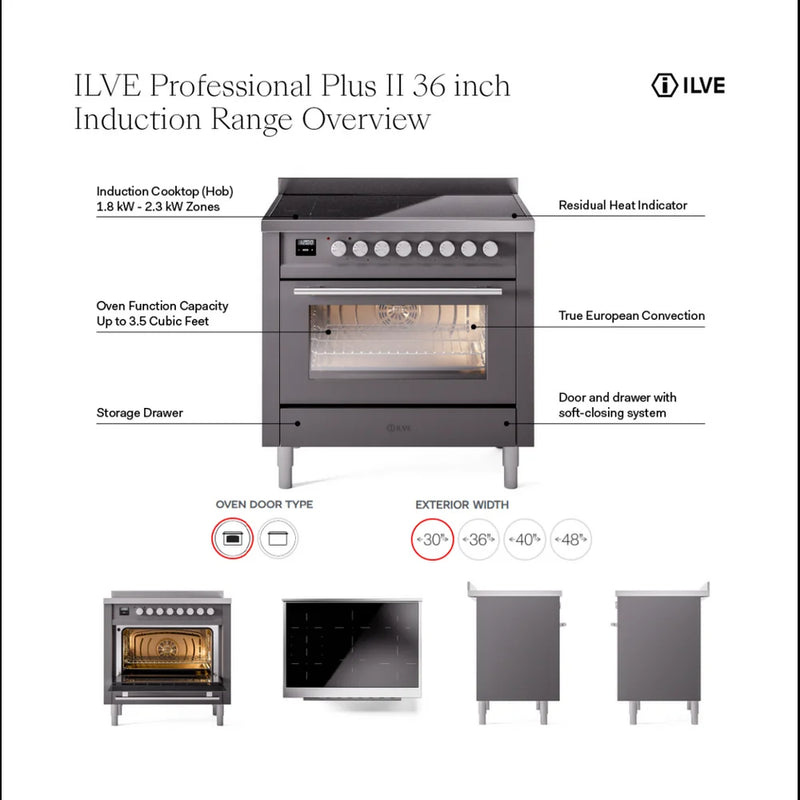 ILVE Professional Plus II 36" Induction Freestanding Range in Glossy Black with Stainless Steel Trim, UPI366QMPBK