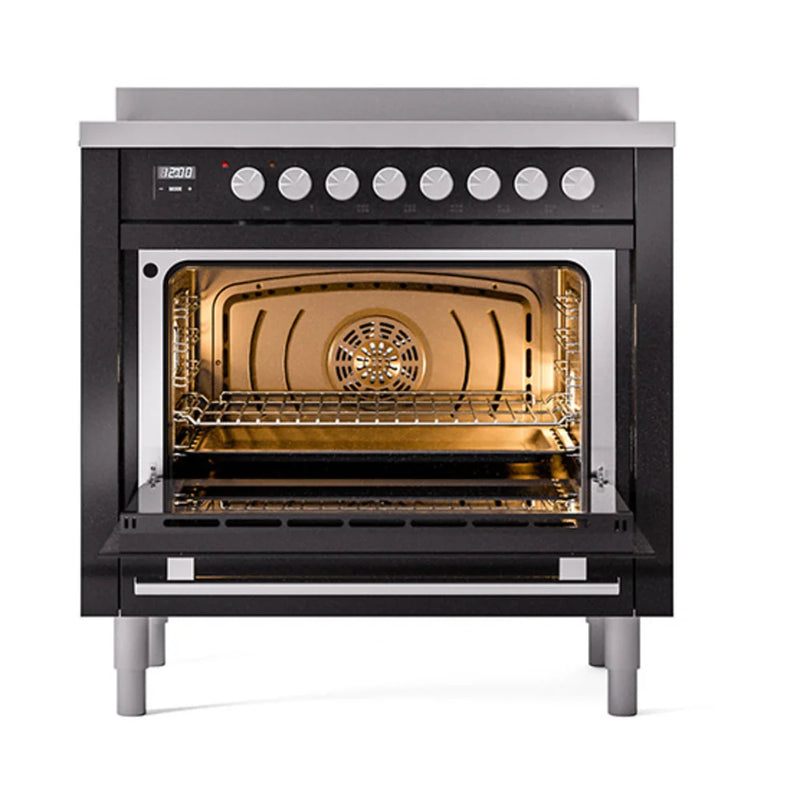 ILVE Professional Plus II 36" Induction Freestanding Range in Glossy Black with Stainless Steel Trim, UPI366QMPBK