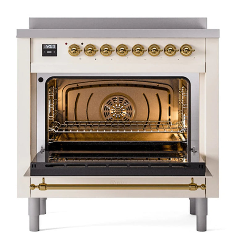 ILVE Nostalgie II 36" Induction Freestanding Range in Antique White with Brass Trim, UPI366QNMPAWG