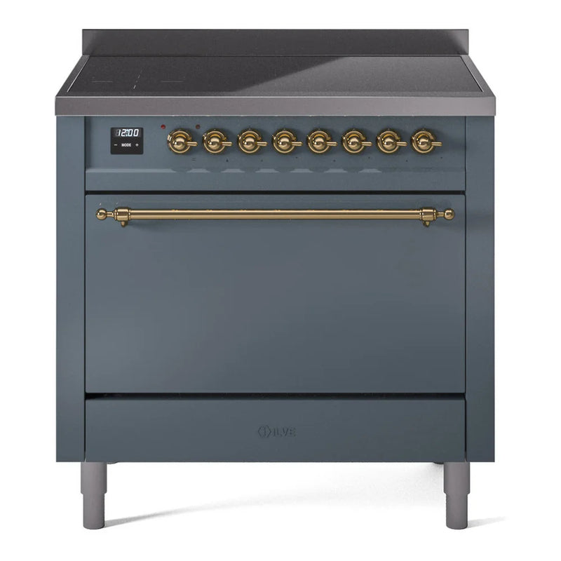 ILVE Nostalgie II 36" Induction Freestanding Range in Blue Grey with Brass Trim, UPI366QNMPBGG
