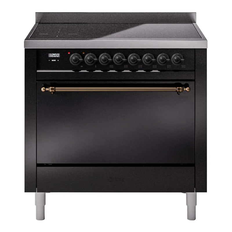 ILVE Nostalgie II 36" Induction Freestanding Range in Glossy Black with Burnished Trim, UPI366QNMPBKB