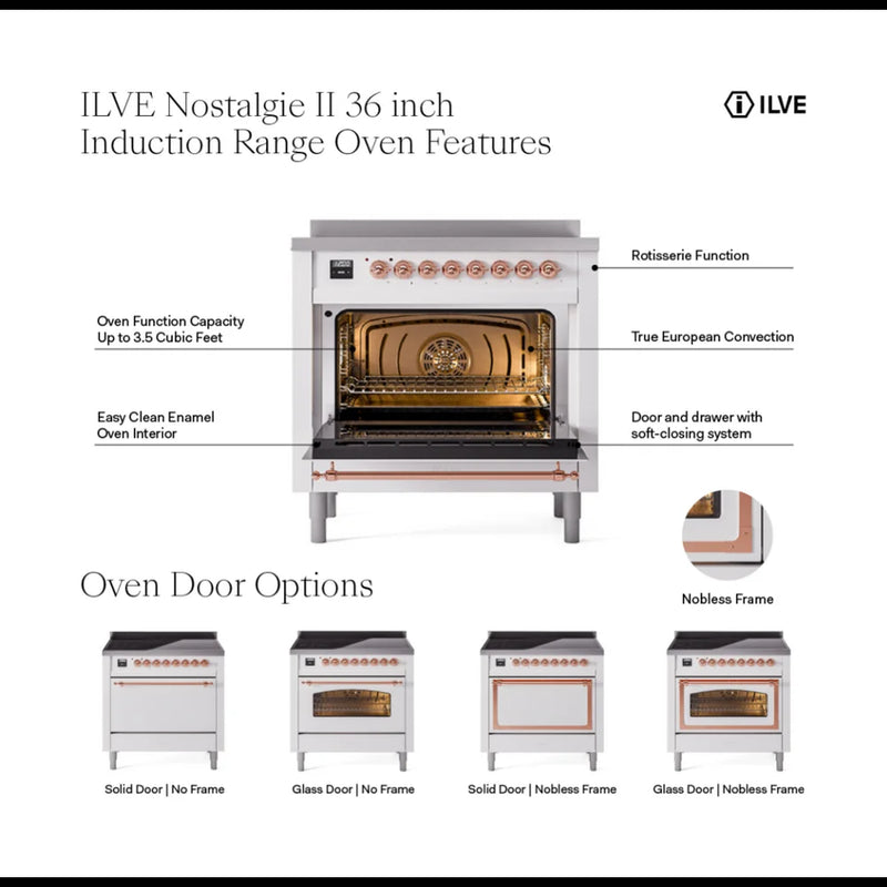 ILVE Nostalgie II 36" Induction Freestanding Range in Glossy Black with Burnished Trim, UPI366QNMPBKB
