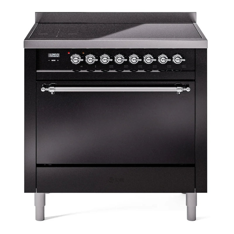 ILVE Nostalgie II 36" Induction Freestanding Range in Glossy Black with Chrome Trim, UPI366QNMPBKC