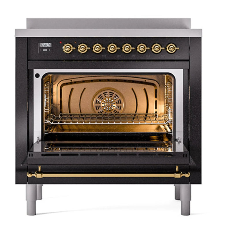 ILVE Nostalgie II 36" Induction Freestanding Range in Glossy Black with Brass Trim, UPI366QNMPBKG