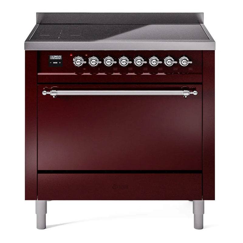 ILVE Nostalgie II 36" Electric Freestanding Range in Burgundy with Chrome Trim, UPI366QNMPBUC