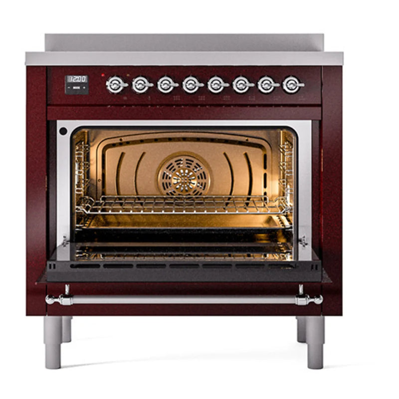 ILVE Nostalgie II 36" Electric Freestanding Range in Burgundy with Chrome Trim, UPI366QNMPBUC