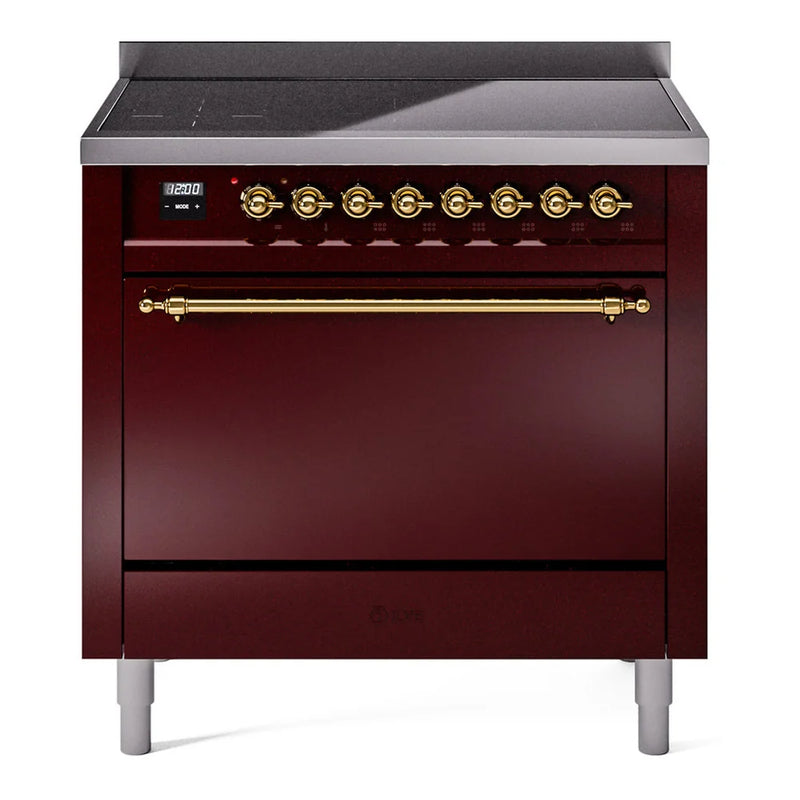 ILVE Nostalgie II 36" Induction Freestanding Range in Burgundy with Brass Trim, UPI366QNMPBUG