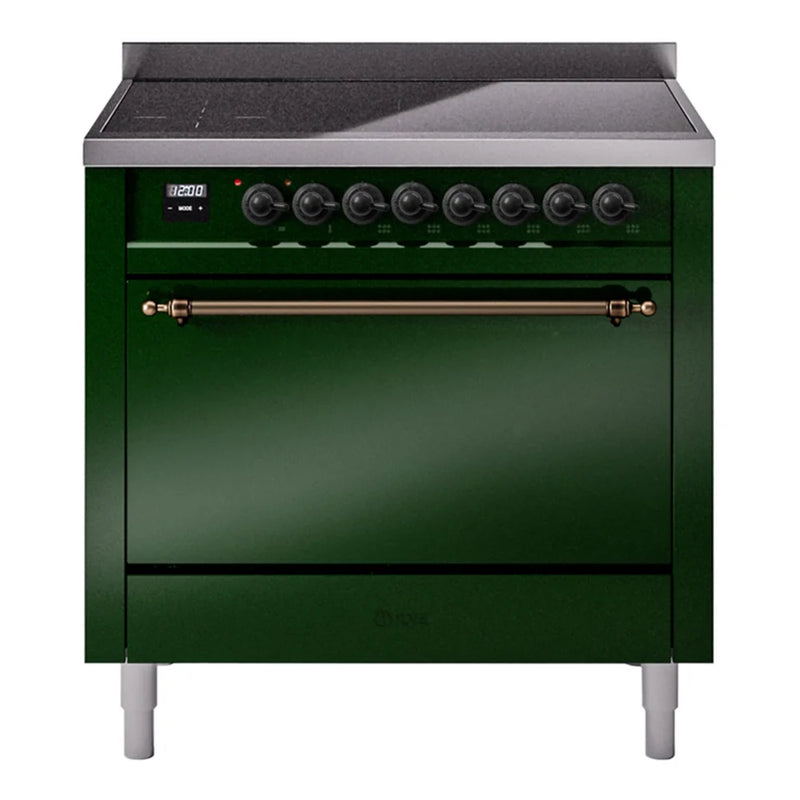 ILVE Nostalgie II 36" Induction Freestanding Range in Emerald Green with Burnished Trim, UPI366QNMPEGB