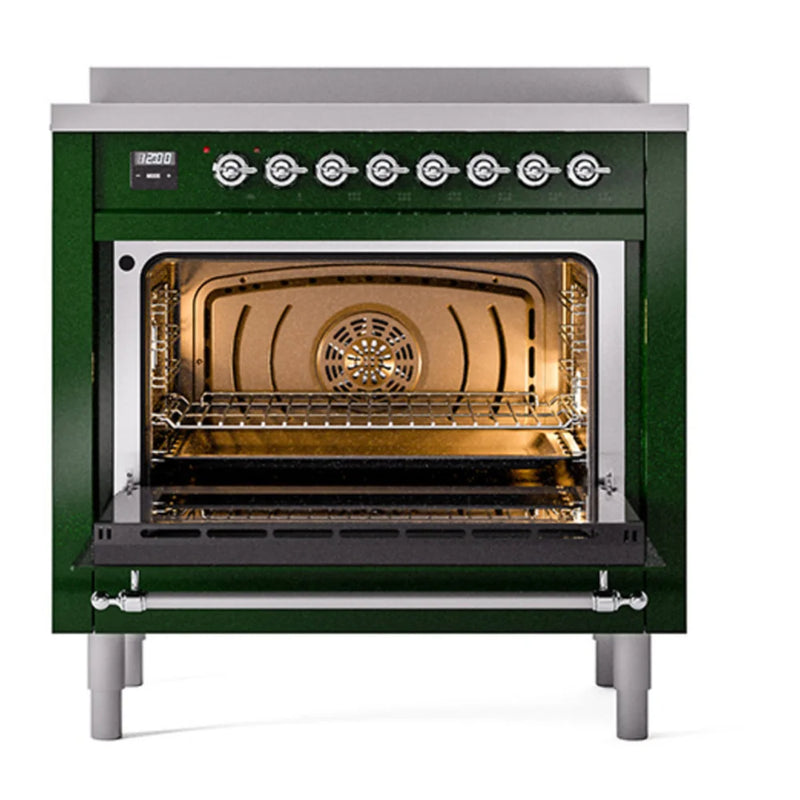 ILVE Nostalgie II 36" Induction Freestanding Range in Emerald Green with Chrome Trim, UPI366QNMPEGC