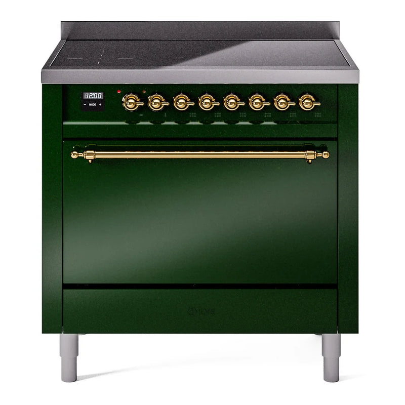 ILVE Nostalgie II 36" Induction Freestanding Range in Emerald Green with Brass Trim, UPI366QNMPEGG